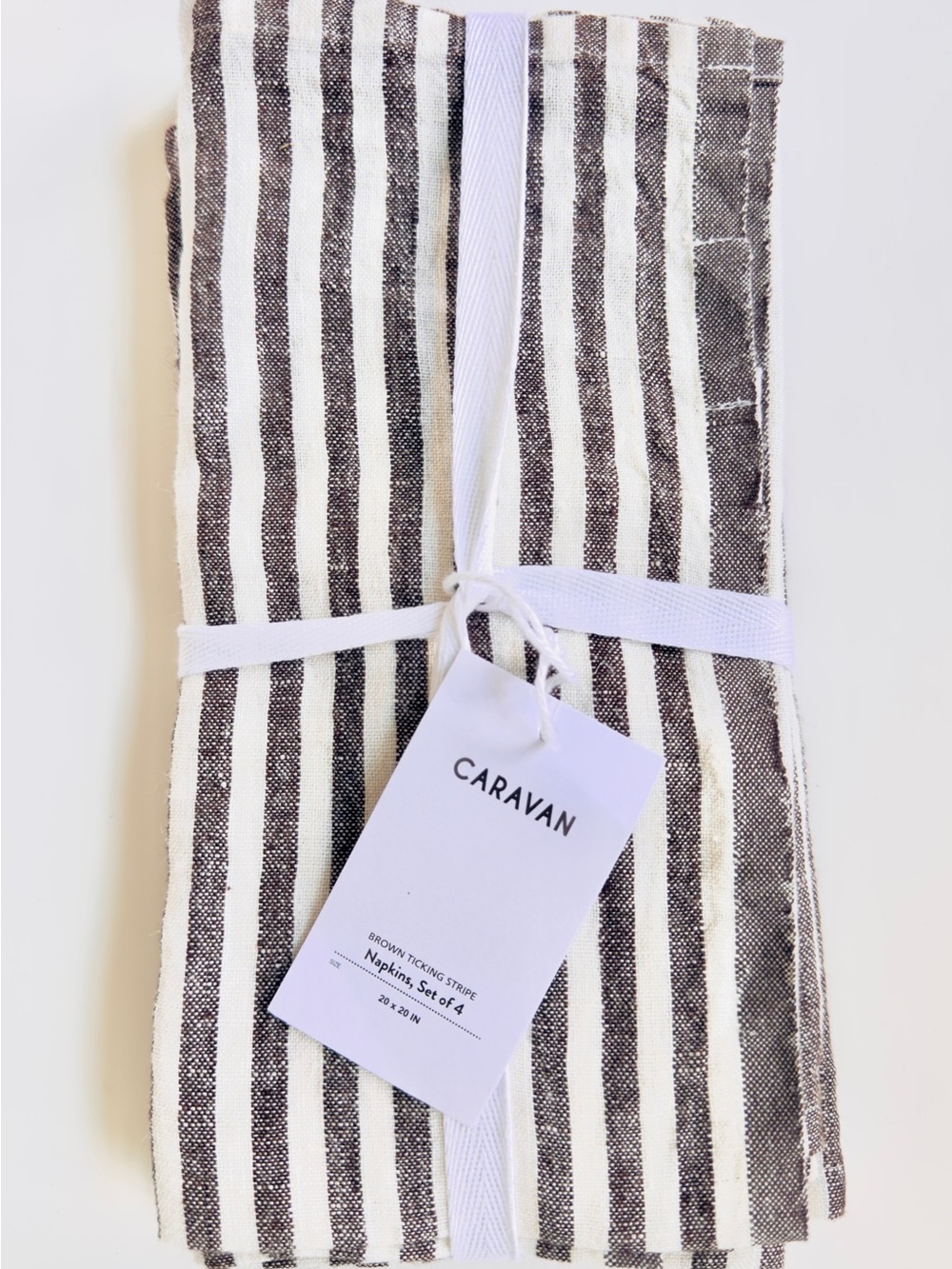 Caravan Brown Ticking Stripe, 4, European Linen/Cotton Napkins, NWT, Retail $79